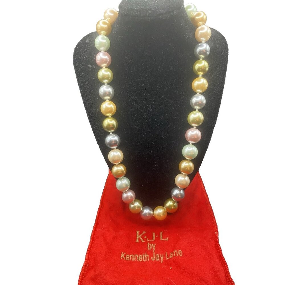 KJL Kenneth Jay Lane Faux Pearl Necklace 14mm Pastel Multicolor 18-21" Dust Bag